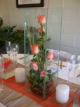 Table decoration, Pink roses in tall square vase